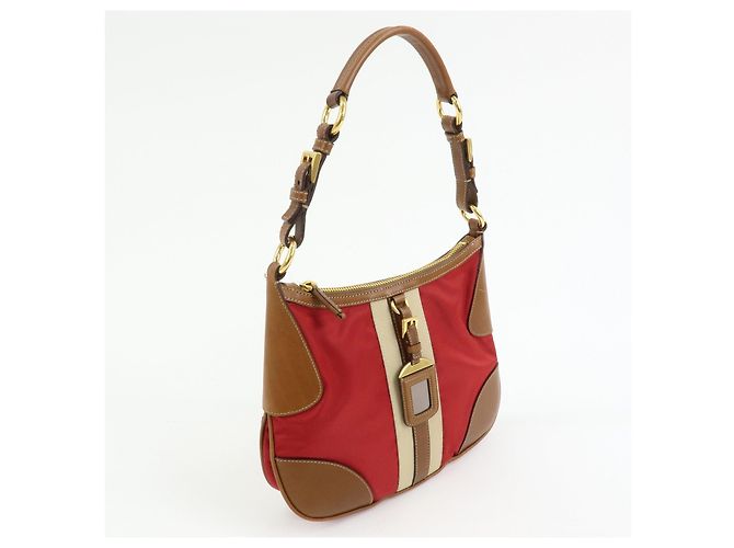 Borsa a tracolla in nylon e pelle con logo triangolare PRADA Rosso Beige Marrone - vista 4