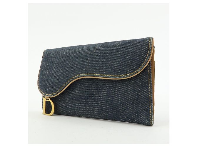 Cartera larga bi-fold Christian Dior Saddle de denim y cuero Azul - vista 3