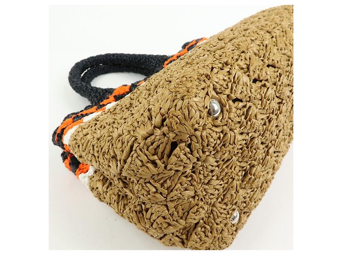 PRADA Borsa Tote 2Way in Raffia con Logo Triangolare Beige Arancione Nero 1BG889 - vista 10