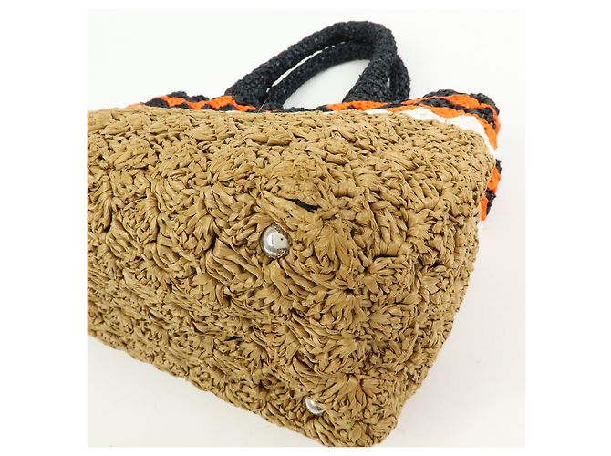 PRADA Borsa Tote 2Way in Raffia con Logo Triangolare Beige Arancione Nero 1BG889 - vista 11