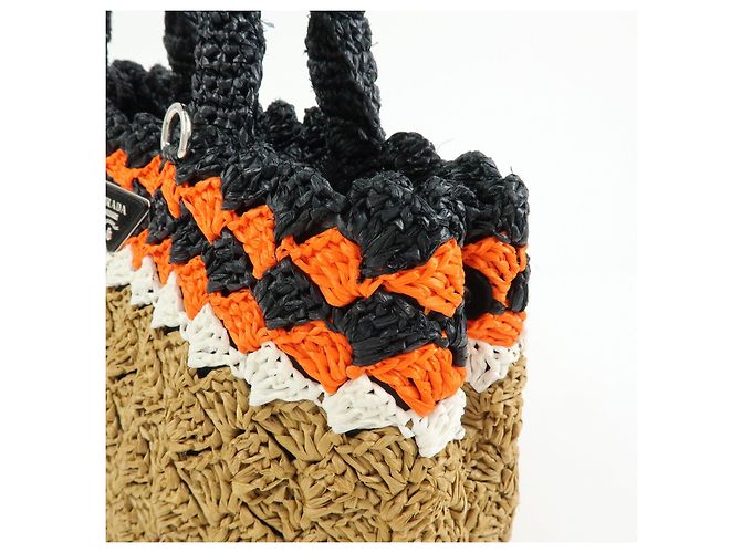 PRADA Borsa Tote 2Way in Raffia con Logo Triangolare Beige Arancione Nero 1BG889 - vista 14