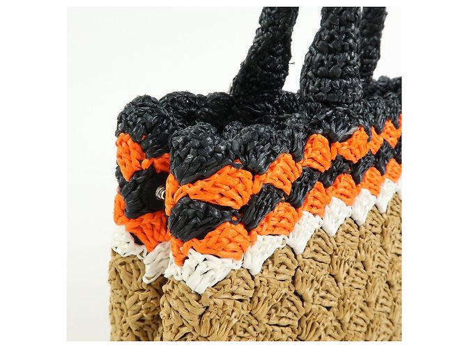 PRADA Borsa Tote 2Way in Raffia con Logo Triangolare Beige Arancione Nero 1BG889 - vista 15