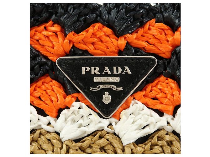 PRADA Borsa Tote 2Way in Raffia con Logo Triangolare Beige Arancione Nero 1BG889 - vista 17