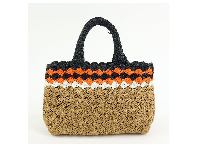 PRADA Borsa Tote 2Way in Raffia con Logo Triangolare Beige Arancione Nero 1BG889 - vista 2