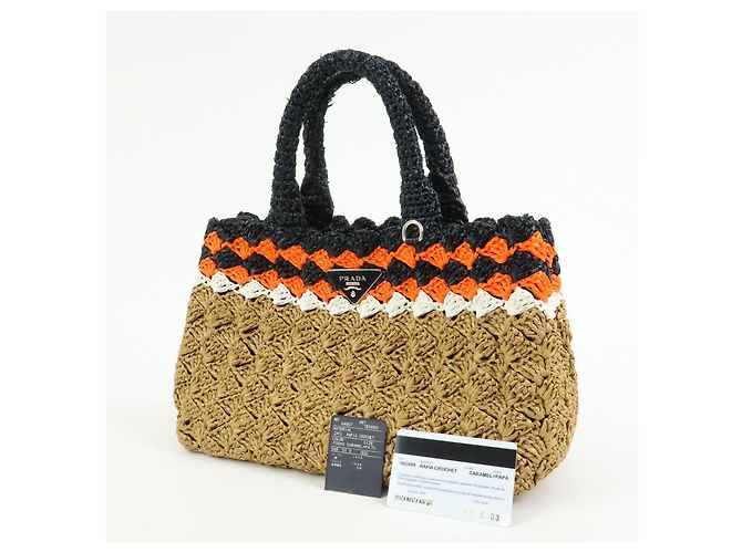 PRADA Borsa Tote 2Way in Raffia con Logo Triangolare Beige Arancione Nero 1BG889 - vista 24