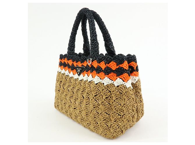 PRADA Borsa Tote 2Way in Raffia con Logo Triangolare Beige Arancione Nero 1BG889 - vista 3