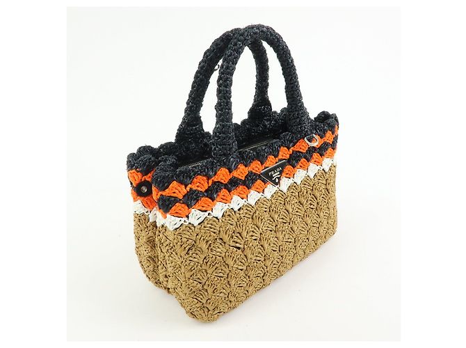 PRADA Borsa Tote 2Way in Raffia con Logo Triangolare Beige Arancione Nero 1BG889 - vista 4