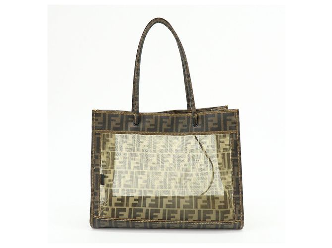 FENDI Zucca PVC Mesh Leather Tote Bag Shoulder Bag Brown Black 8BH183 - vista 2