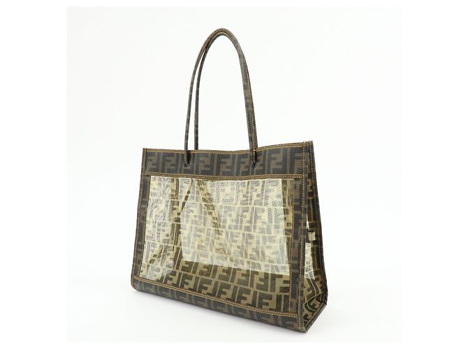 FENDI Zucca PVC Mesh Leather Tote Bag Shoulder Bag Brown Black 8BH183 - vista 3