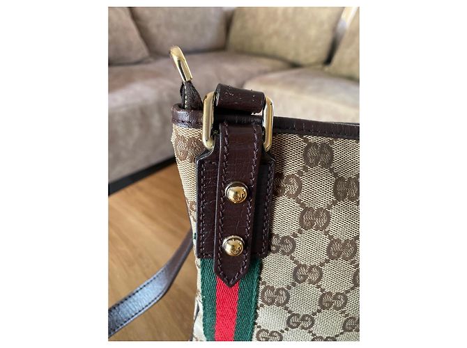 Borsa a tracolla Gucci in tela monogram con striscia verde e rossa - vista 7