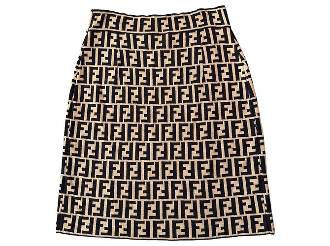 Fendi Mini-jupe portefeuille Zucca en maille beige et noir - vue 6