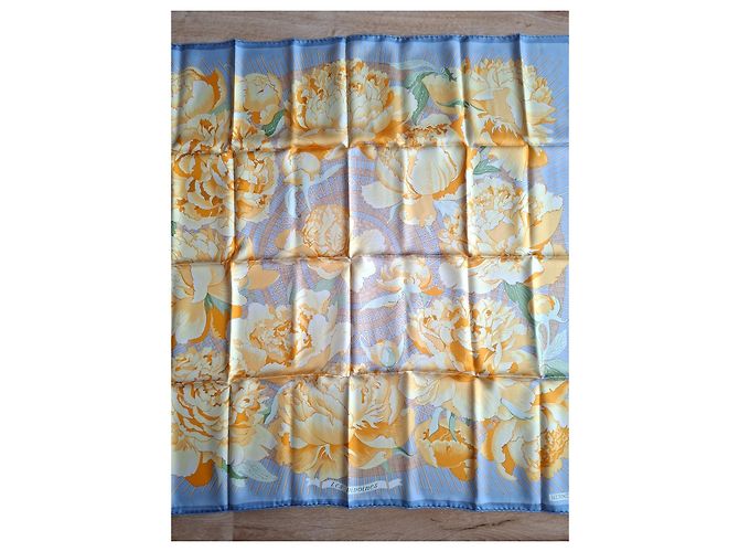 Hermès Hermes pañuelo de seda Les Pivoines amarillo azul - vista 2