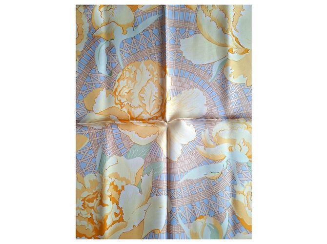 Hermès Hermes pañuelo de seda Les Pivoines amarillo azul - vista 6