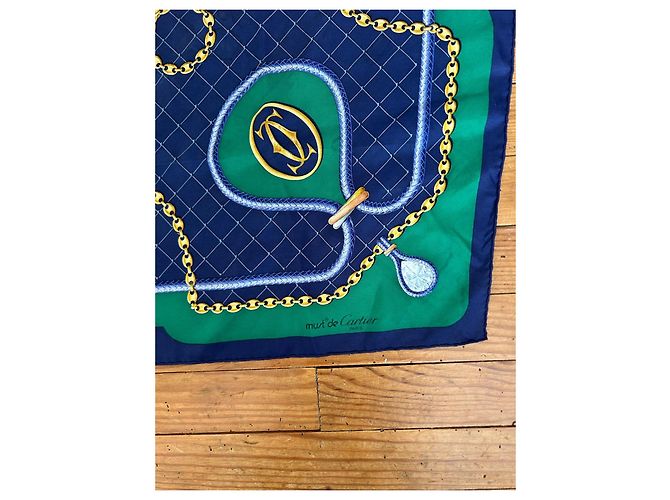 Carré de soie Vintage "Must de Cartier" – Bleu Marine et Vert - vue 2