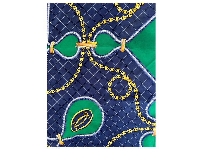 Carré de soie Vintage "Must de Cartier" – Bleu Marine et Vert - vue 4