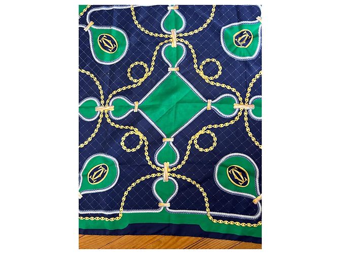 Carré de soie Vintage "Must de Cartier" – Bleu Marine et Vert - vue 6