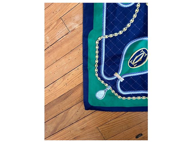 Carré de soie Vintage "Must de Cartier" – Bleu Marine et Vert - vue 7