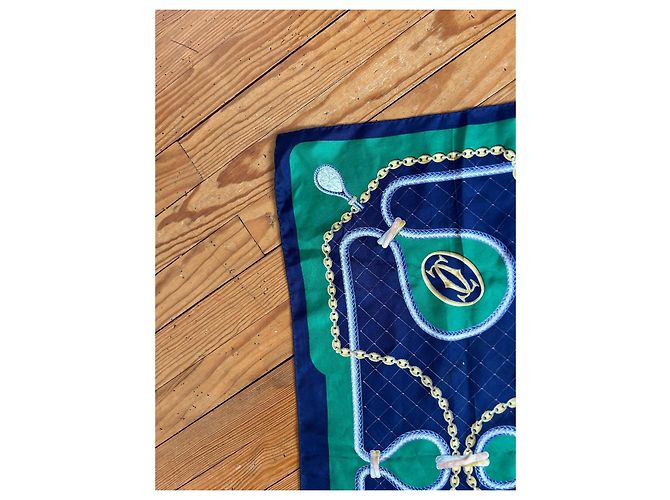 Carré de soie Vintage "Must de Cartier" – Bleu Marine et Vert - vue 8