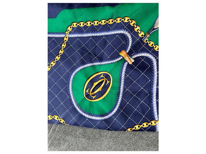 Carré de soie Vintage "Must de Cartier" – Bleu Marine et Vert - vue 9