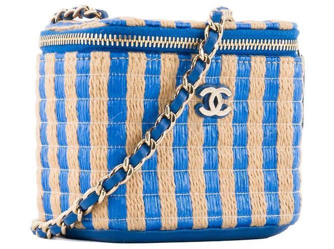 CHANEL - Borsa a tracolla Mini Chanel Vanity in rafia blu e beige - vista 2