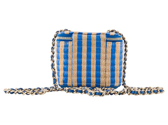 CHANEL - Borsa a tracolla Mini Chanel Vanity in rafia blu e beige - vista 3