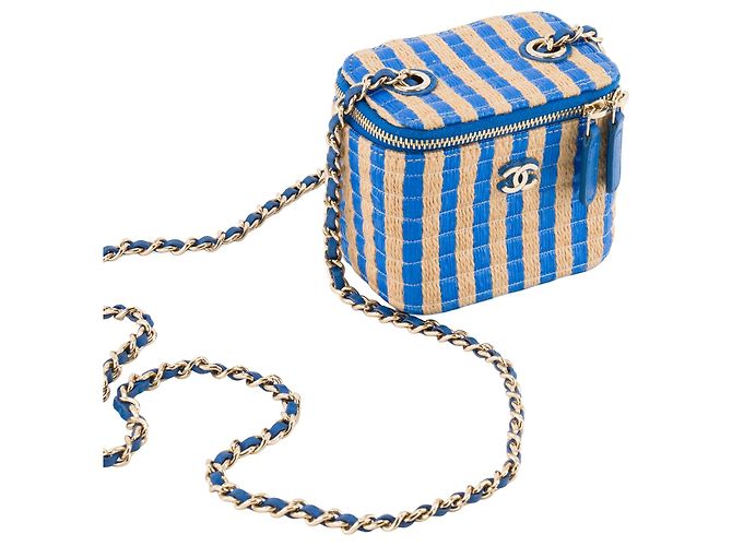 CHANEL - Borsa a tracolla Mini Chanel Vanity in rafia blu e beige - vista 5
