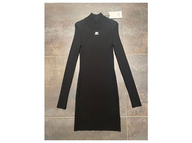 Courreges Courrèges schwarzes Rippstrick-Kleid mit Stehkragen - Ansicht 2