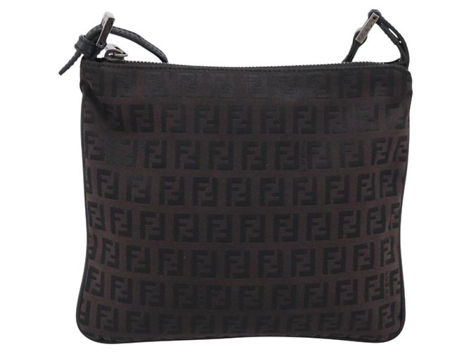 FENDI Zucchino Canvas Shoulder Bag Dark Brown Silver - vista 2