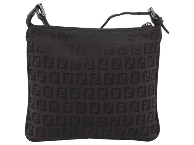 FENDI Zucchino Canvas Shoulder Bag Dark Brown Silver - vista 3