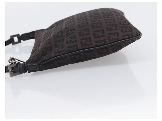 FENDI Zucchino Canvas Shoulder Bag Dark Brown Silver - vista 4