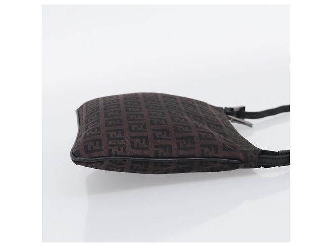 FENDI Zucchino Canvas Shoulder Bag Dark Brown Silver - vista 5