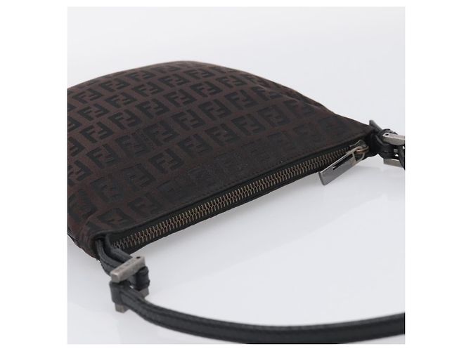 FENDI Zucchino Canvas Shoulder Bag Dark Brown Silver - vista 6