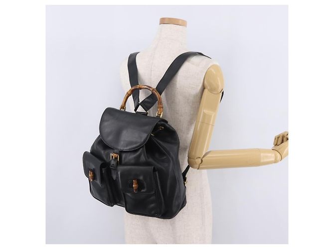 GUCCI Bamboo Backpack Leather Black Gold Tone 003 2058 0016 - vista 28