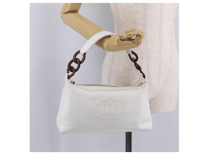 CHANEL COCO Mark Shoulder Bag Caviar Skin White Gold CC - vista 27