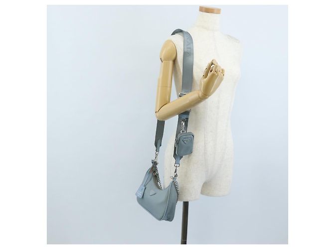 PRADA Bolsa de Mão Nylon 2way Azul Claro Prata - vista 33
