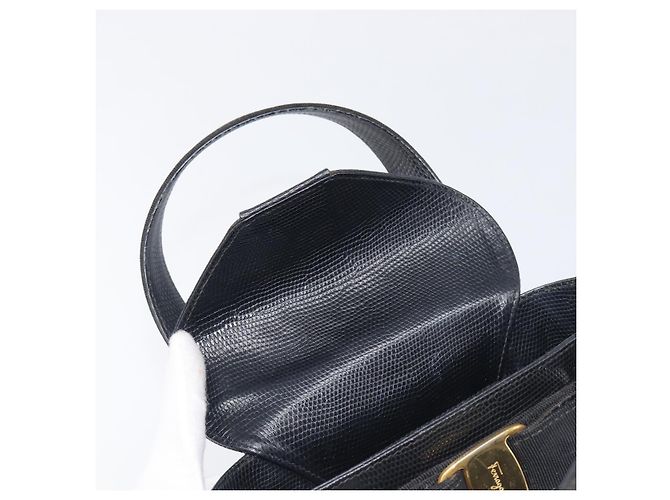 Salvatore Ferragamo Vala Hand Bag Leather Embossed Black Gold - vista 15