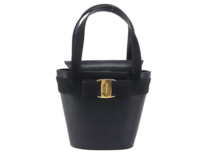 Salvatore Ferragamo Vala Hand Bag Leather Embossed Black Gold - vista 2