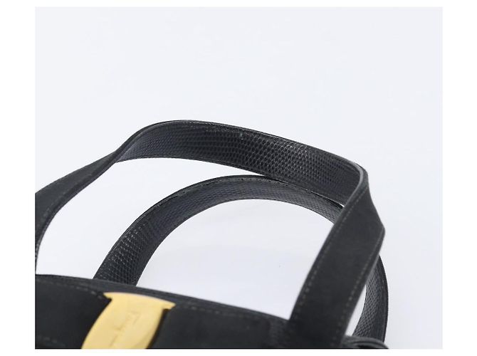 Salvatore Ferragamo Vala Hand Bag Leather Embossed Black Gold - vista 8