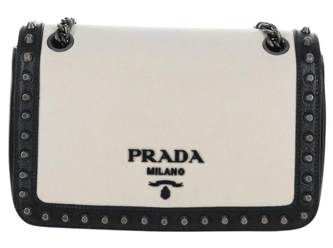 PRADA Chain Shoulder Bag Leather White Black - vista 13