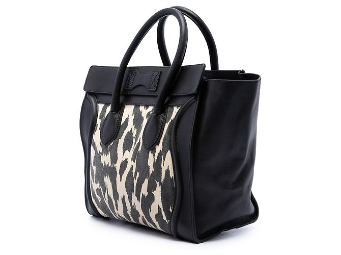 Céline Celine Mini Luggage Tote in canvas leopard print e pelle di vitello nera - vista 2