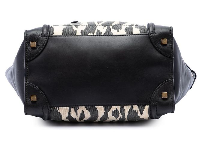 Céline Celine Mini Luggage Tote in canvas leopard print e pelle di vitello nera - vista 3