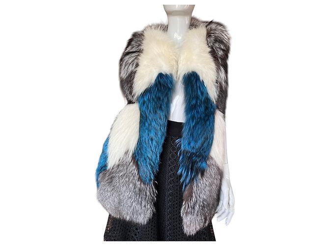 Autre Marque Designer Patchwork Fox Fur Vest - Blue, White, Grey - view 3
