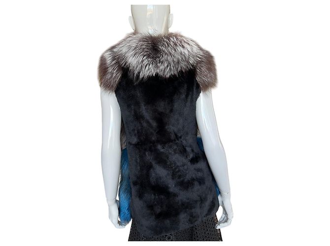 Autre Marque Designer Patchwork Fox Fur Vest - Blue, White, Grey - view 4
