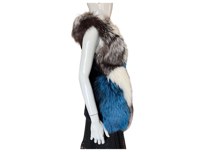 Autre Marque Designer Patchwork Fox Fur Vest - Blue, White, Grey - view 5