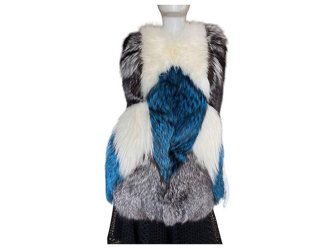 Autre Marque Designer Patchwork Fox Fur Vest - Blue, White, Grey - view 6