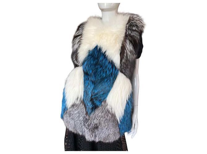 Autre Marque Designer Patchwork Fox Fur Vest - Blue, White, Grey - view 7