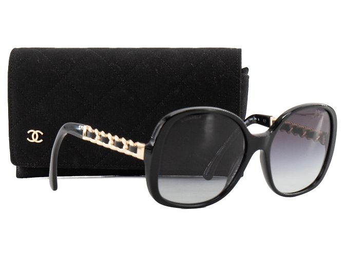 CHANEL - Occhiali da sole Chanel in acetato e pelle liscia nera - vista 6
