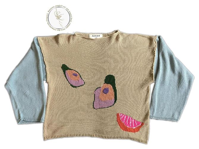 Autre Marque Strickpullover in Beige / Khaki und Blau mit Frucht- und Austernmotiv - Ansicht 2