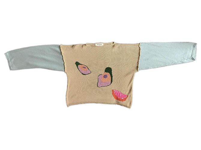 Autre Marque Strickpullover in Beige / Khaki und Blau mit Frucht- und Austernmotiv - Ansicht 4