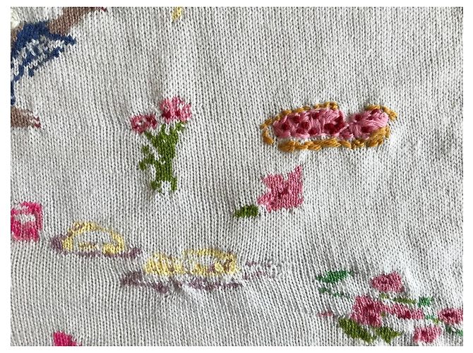 Autre Marque Weißer Merinowollpullover bestickt mit Charakter- und Lebensmittelmotiven - Ansicht 14